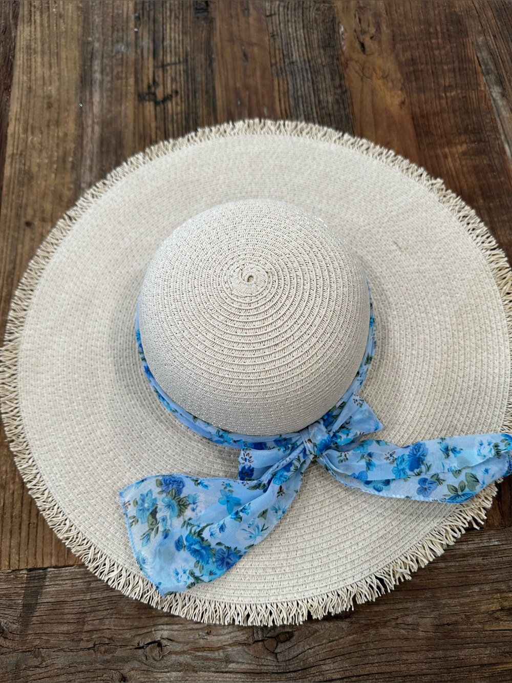 Wide Brim Straw Sun Hat with Blue Floral Scarf